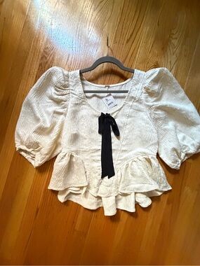 Free People Cream Peplum Blouse with Black Neck Tie